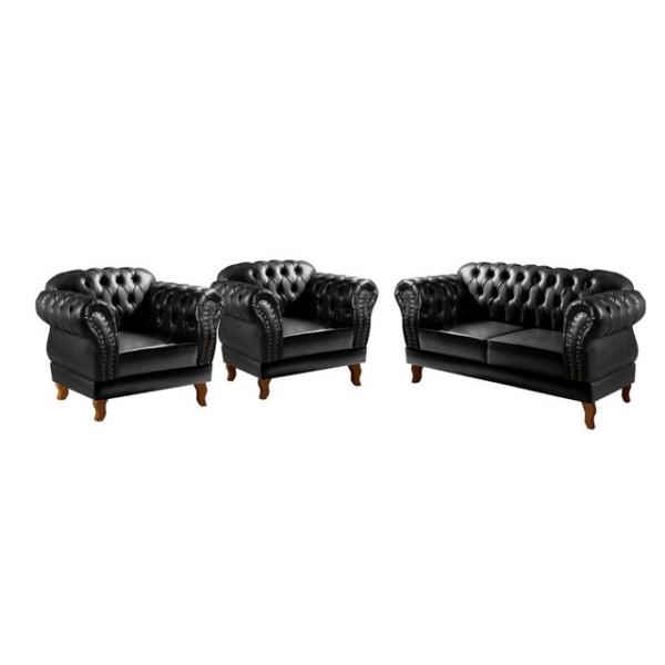 Conjunto Poltronas Dom Pedro Chesterfield Vintage Retrô ( 3 Peças ) preto