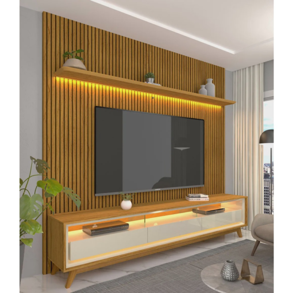 Rack com Painel Requinte Retrô 2.2 Ripado 3D com Led Requinte Naturale com Off White - Gelius Móveis