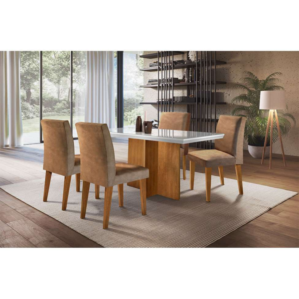 Conjunto de Mesa de Jantar Berlim I com Tampo de Vidro Off White e 4 Cadeiras Grécia Suede Chocolate