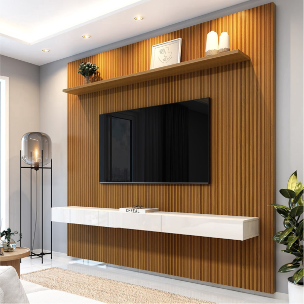 Painel Para Tv Até 75 Polegadas Ripado Impressão 3D Egeo Com Nicho 2,25m Cedro Off White edn