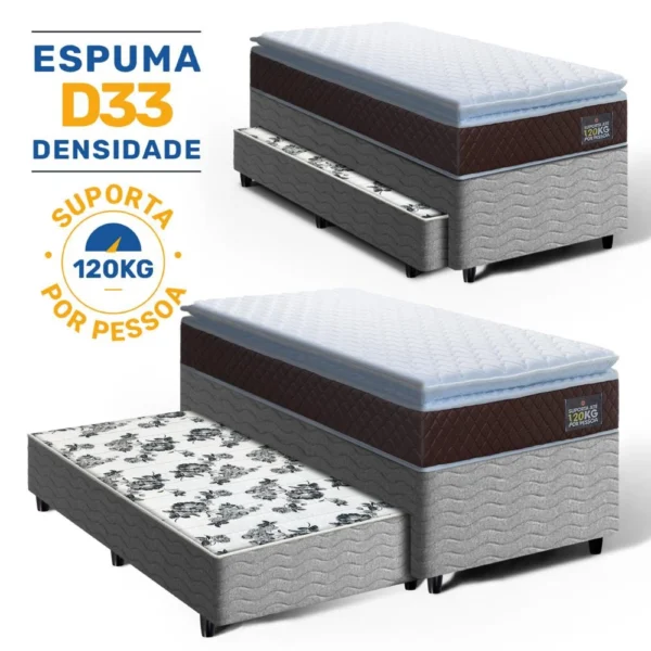 Cama Box com Colchão de Espuma D33 Pillow Top Comfort Luxo + Auxiliar de Espuma Unique Solteiro 88cm