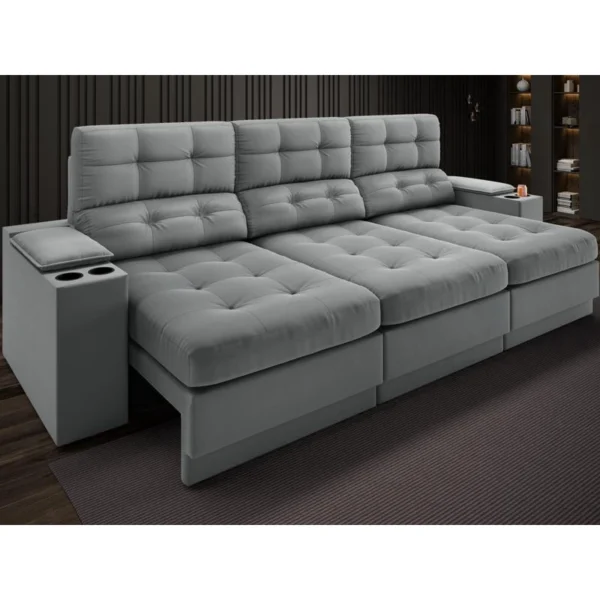 Sofá com Porta Copos e Carregador USB Eureka 2,30m Assento Retrátil e Reclinável Velosuede Grafite - netsofas