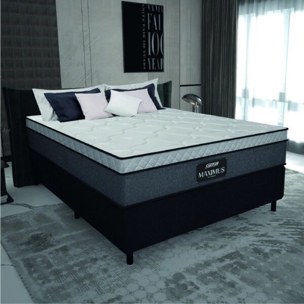 Cama Box Casal Queen Colchão Molas Ensacadas Pillow Top Maximus 158x198x67cm Cinza / Preto Gazin - Suporta até 120Kg por Pessoa